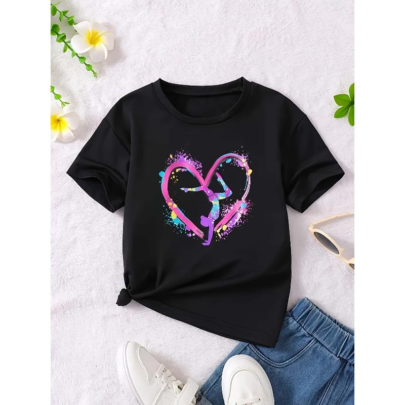 European sizes Girls' Stretchy Gymnastics Heart Print T-Shirt - Vibrant Splash Design, Soft Knit Fabric, Casual Round Neck Short Sleeve Top