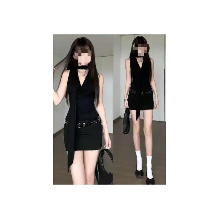 Next Saturday Female Summer American Spice Girl Hip Wrap Small Black Dress Neck Swinging Skirt Sexy Waist Black Dress