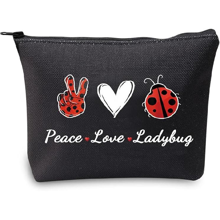 JXGZSO Good Luck Ladybug Symbol Makeup Bag With Zipper Gifts For Women Peace Love Ladybug Cosmetic Bag Peace Love Ladybug Black