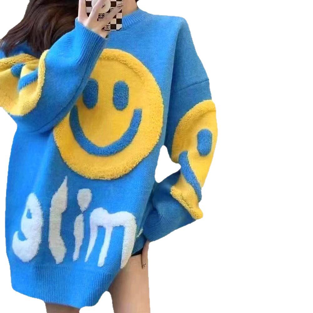 Women's Autumn/Winter Smiley Face Loose Knit Sweater - Versatile Mid-Length Pullover