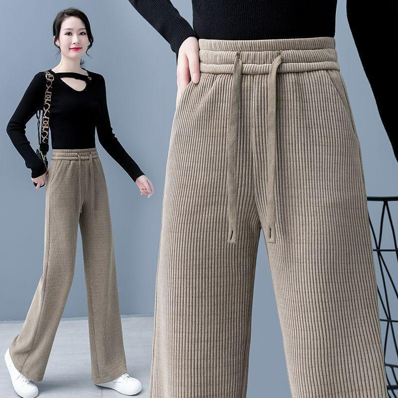Women's Spring High Waist Corduroy Wide Leg Pants Drawstring Loose Full Length Straight Trousers Slimming Drape Casual Pants