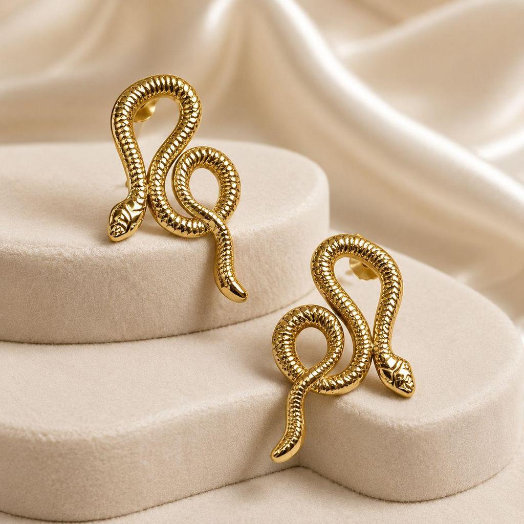 Korean Retro Snake Design Stainless Steel Floral Gold Stud Earrings.