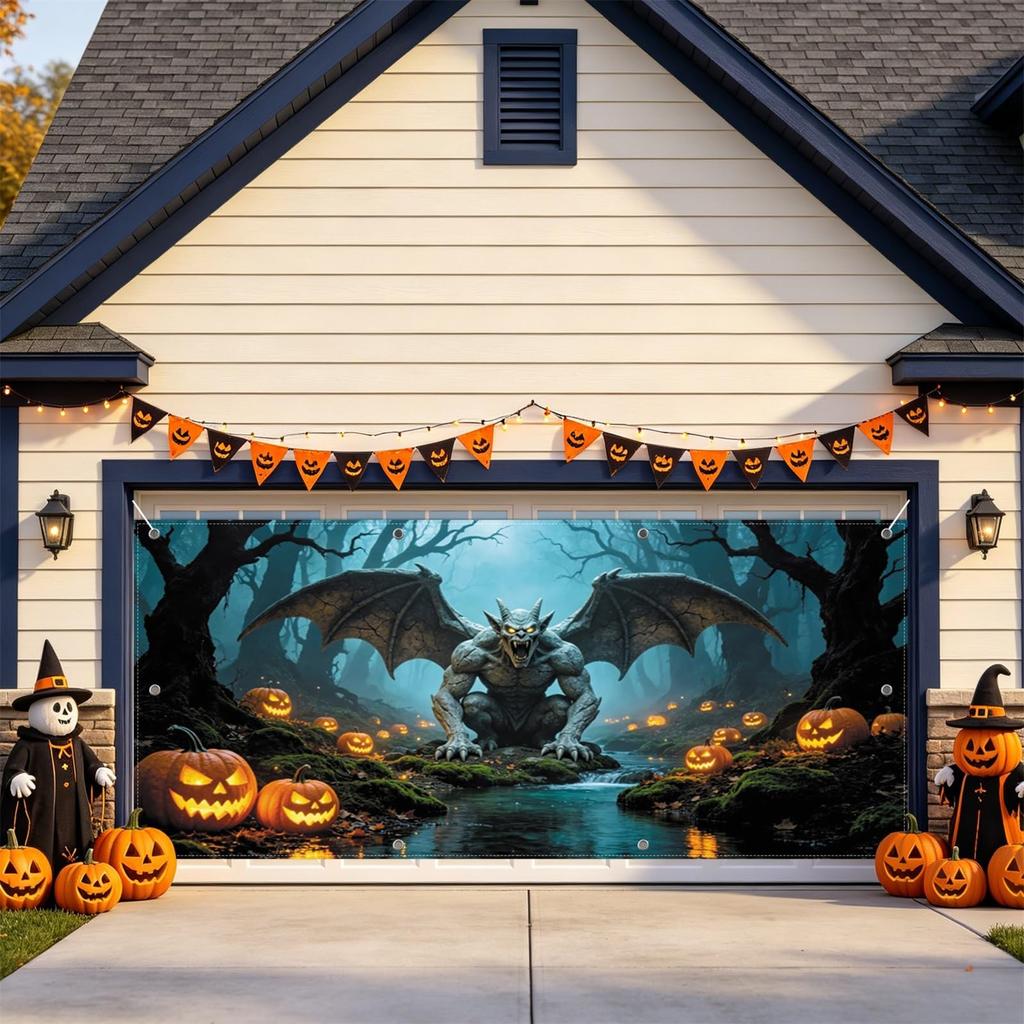 16x7ft Fabric Giant Winged Gargoyle Halloween Garage Door Banner