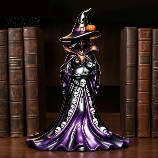 Black Cat Statue Halloween Witch Figurine, Resin with Pumpkin, Retro Figurine Sculpture, Gothic Tabletop Ornament for Party Display And Seasonal