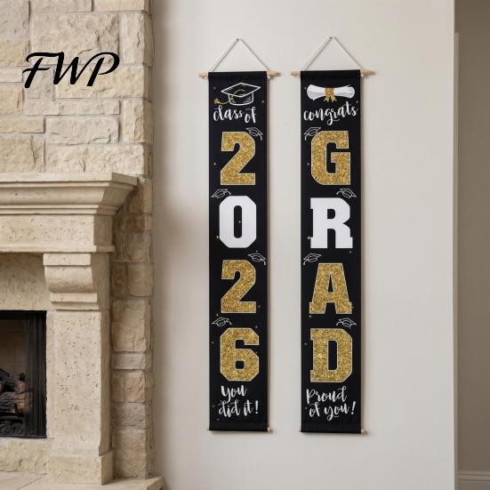 Durable Polyester Graduation Banner 1 Pair 2026 Decoration Class of Congrats Grad Door Sign Porch for Indoor Outdoor Front Hanging Party Supplies