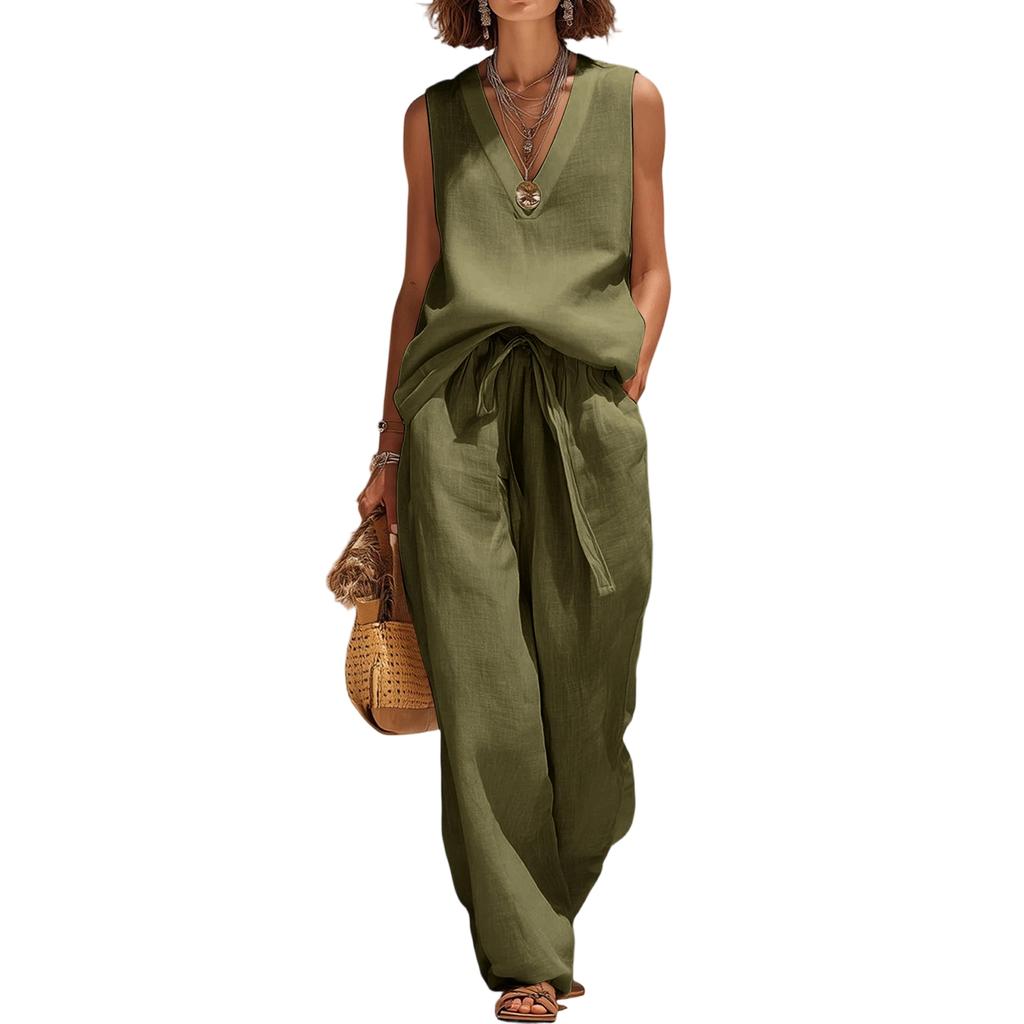 Women Sleeveless V Neck Loose Fit Pullover Top High Waist Wide Leg Pants Set Casual Two Piece Outfit