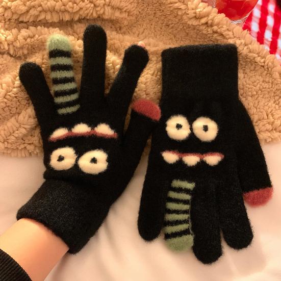 1 Pair Knitted Gloves Flexible Five-finger Thickened Winter Gloves Touch Screen Cute Big Mouth Warm Gloves Student Gloves for Cold Weather
