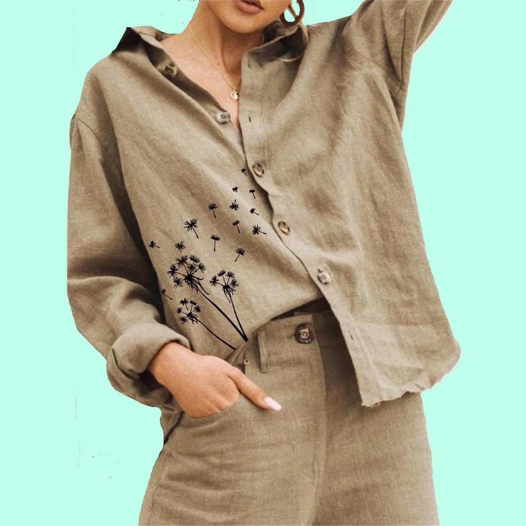 

Женская мода хлопок льняная блузка дамы цветочный принт топ повседневная застегивающаяся на пуговицы рубашка с длинным рукавом 3XL хаки