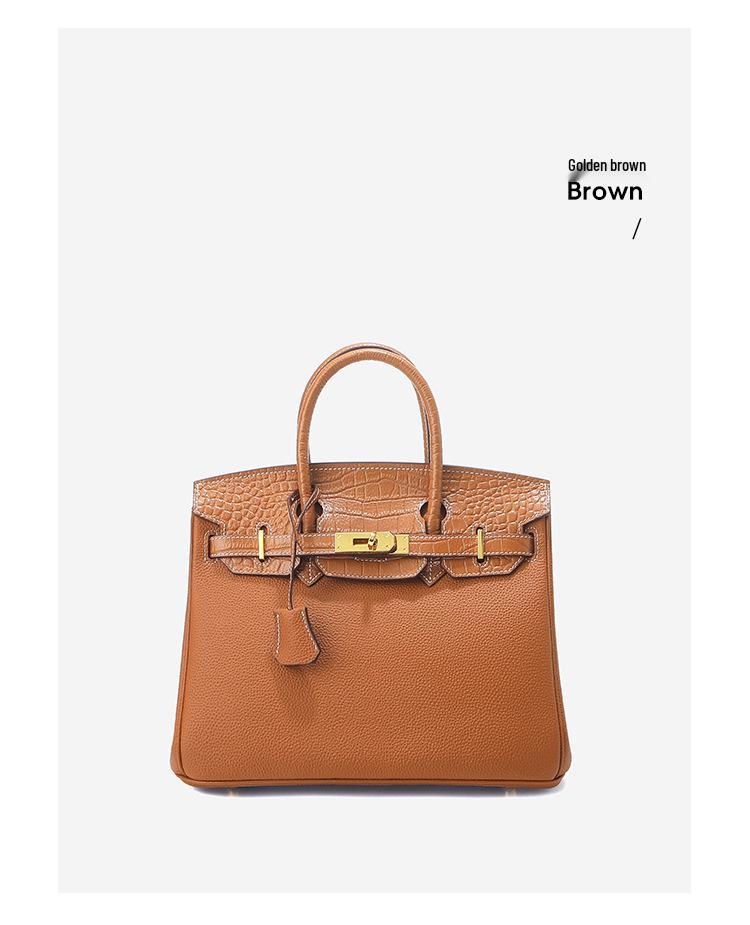 Sac à Bandoulière en Cuir de Vachette Motif Crocodile, Grand Sac à Main Rétro Style Kelly pour Femmes