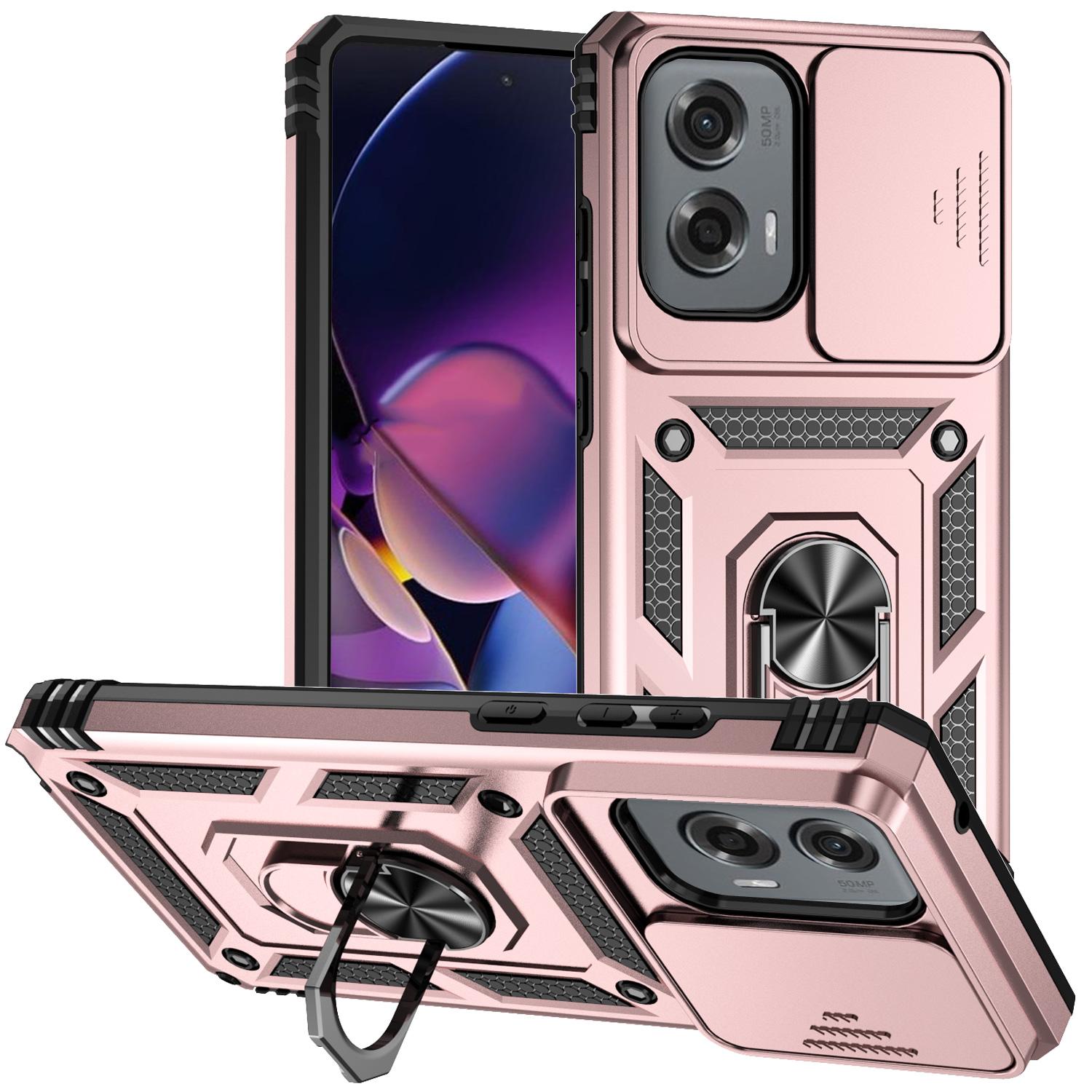 

For Motorola Moto G Stylus 5G (2024) Case Ring Kickstand PC+TPU Phone Protector with Slide Camera Cover Rose Gold