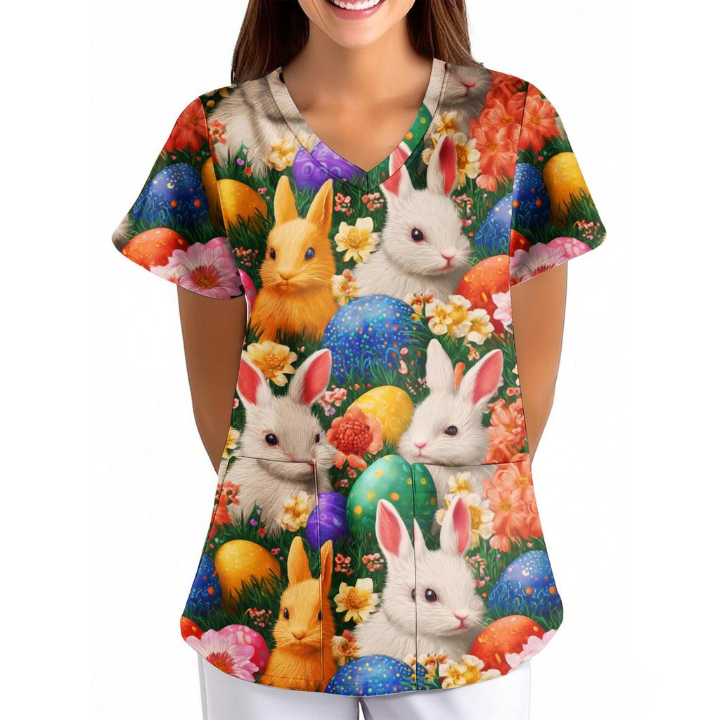 T-shirt à imprimé de Pâques pour femme, ample, col en V, avec poche, manches courtes, pour soignant/Uniforme