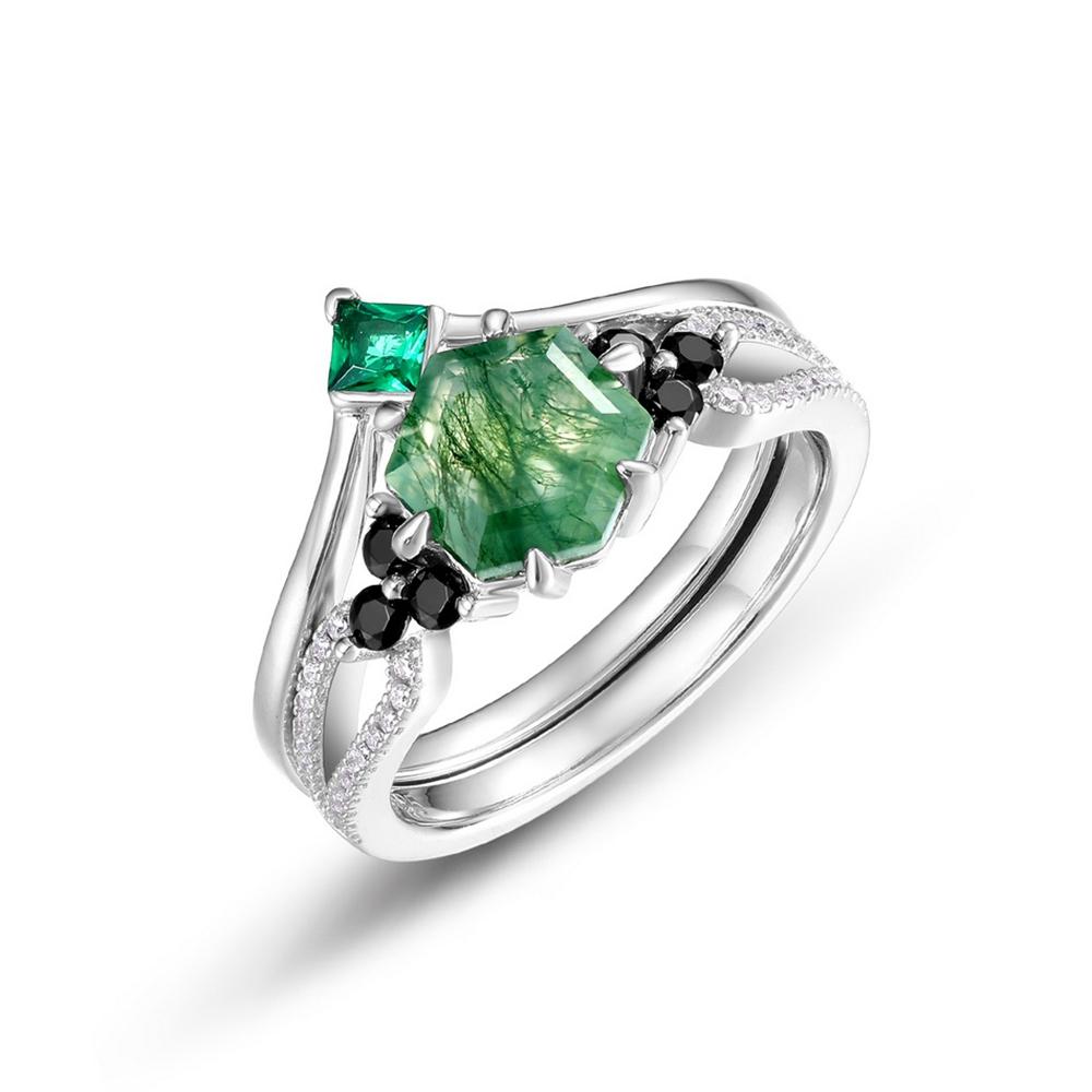 WES CopperCrown Moss Agate Leaf Ring Sets for Women Mom Crystal Natural Gem Anniversary Jewelry Gift