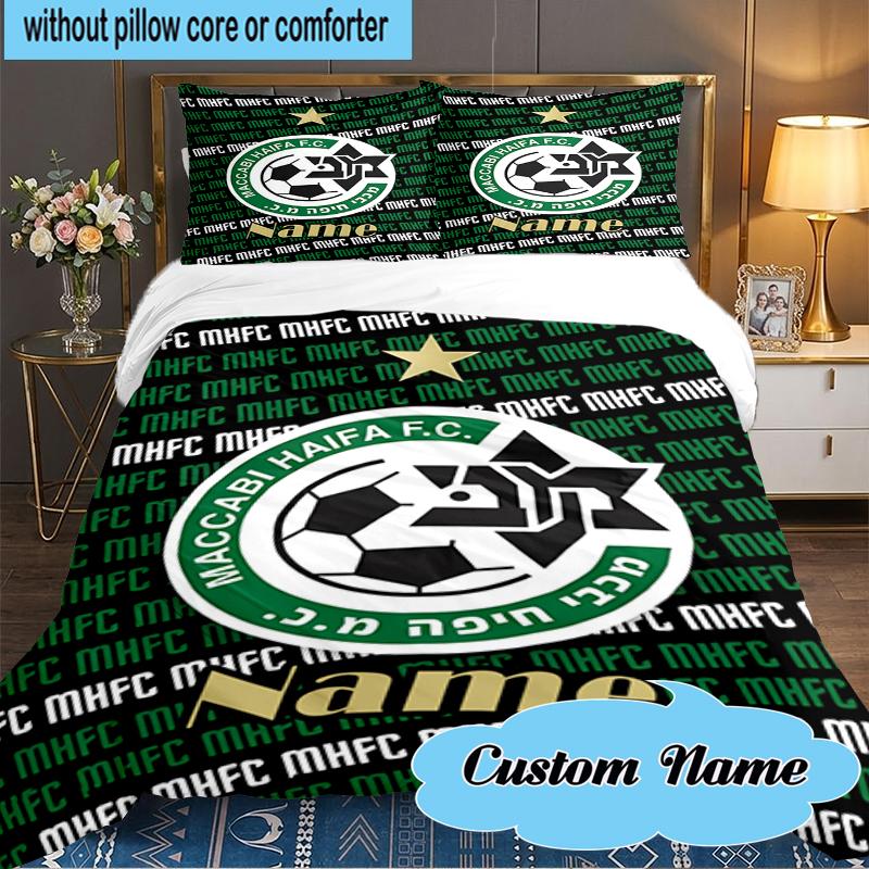 Custom Name Maccabi FC Crest Bedding Set 3pcs, Bedding Set Including 1pc Duvet Cover And 2pcs Pillowcases for Bedroom, Dormitory Gift