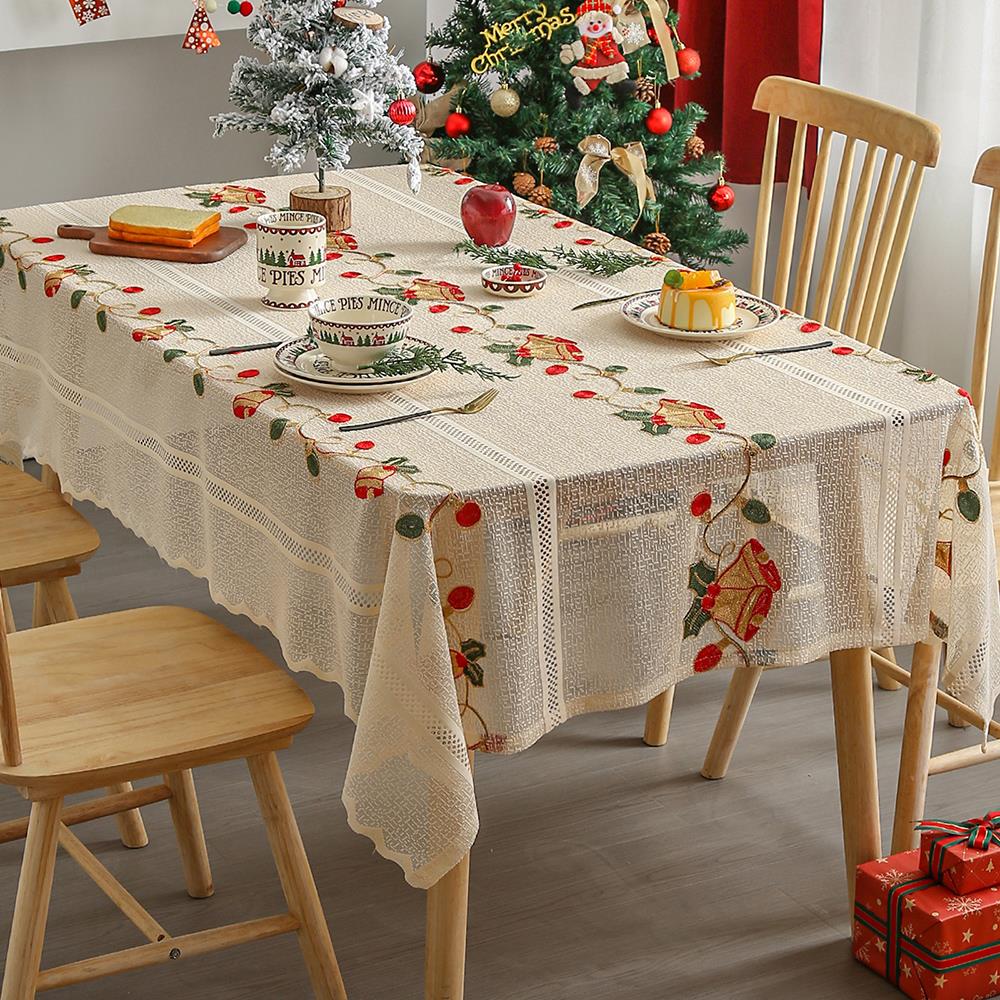 Vintage Christmas Printed Tablecloth Embroidered Lace Non-Slip Rectangular Dining Table Mat For Kitchen Christmas Decorations