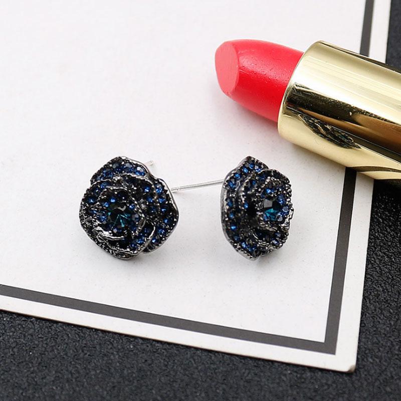 Luxurious Blue Rhinestone Rose Flower Vintage Earrings Women Red Camellia Ear Stud Earring Chic Jewelry