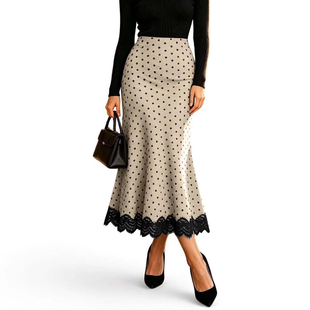 Damen Casual Polka Dot Rock mit Spitzeneinsatz, Modischer Rock für den Alltag
