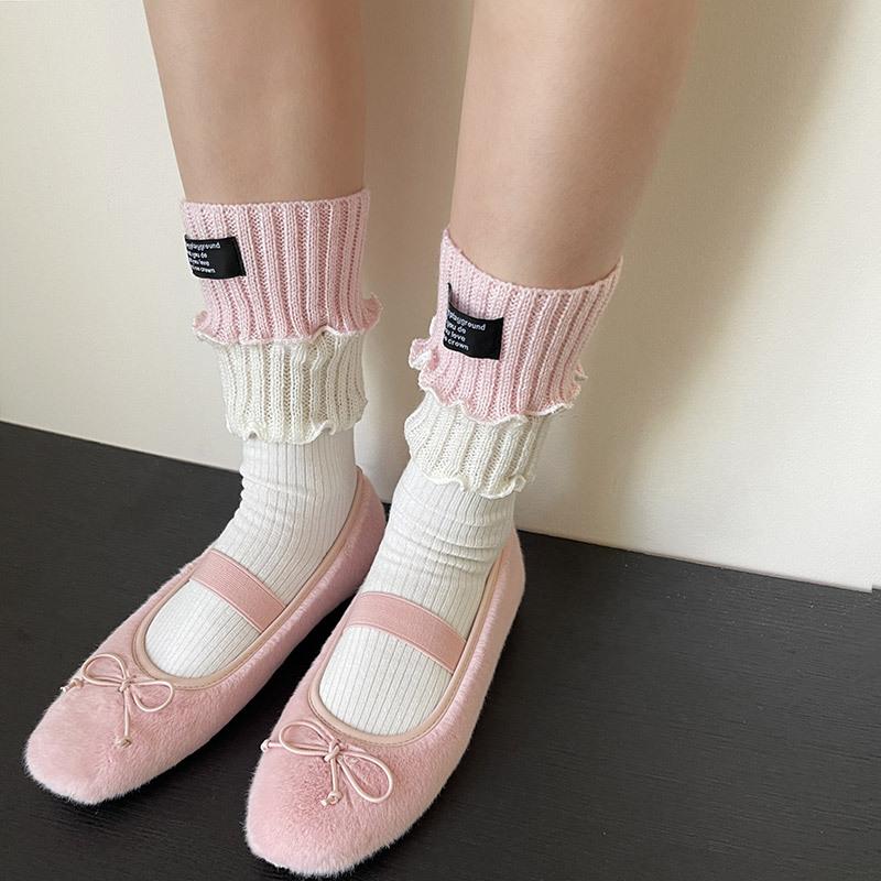 1 Pair New 2025 Autumn Style Knit Trim Cotton Socks for Women Ruffle Lace Embroidered Letter Mid Calf Slouch Socks for Girls