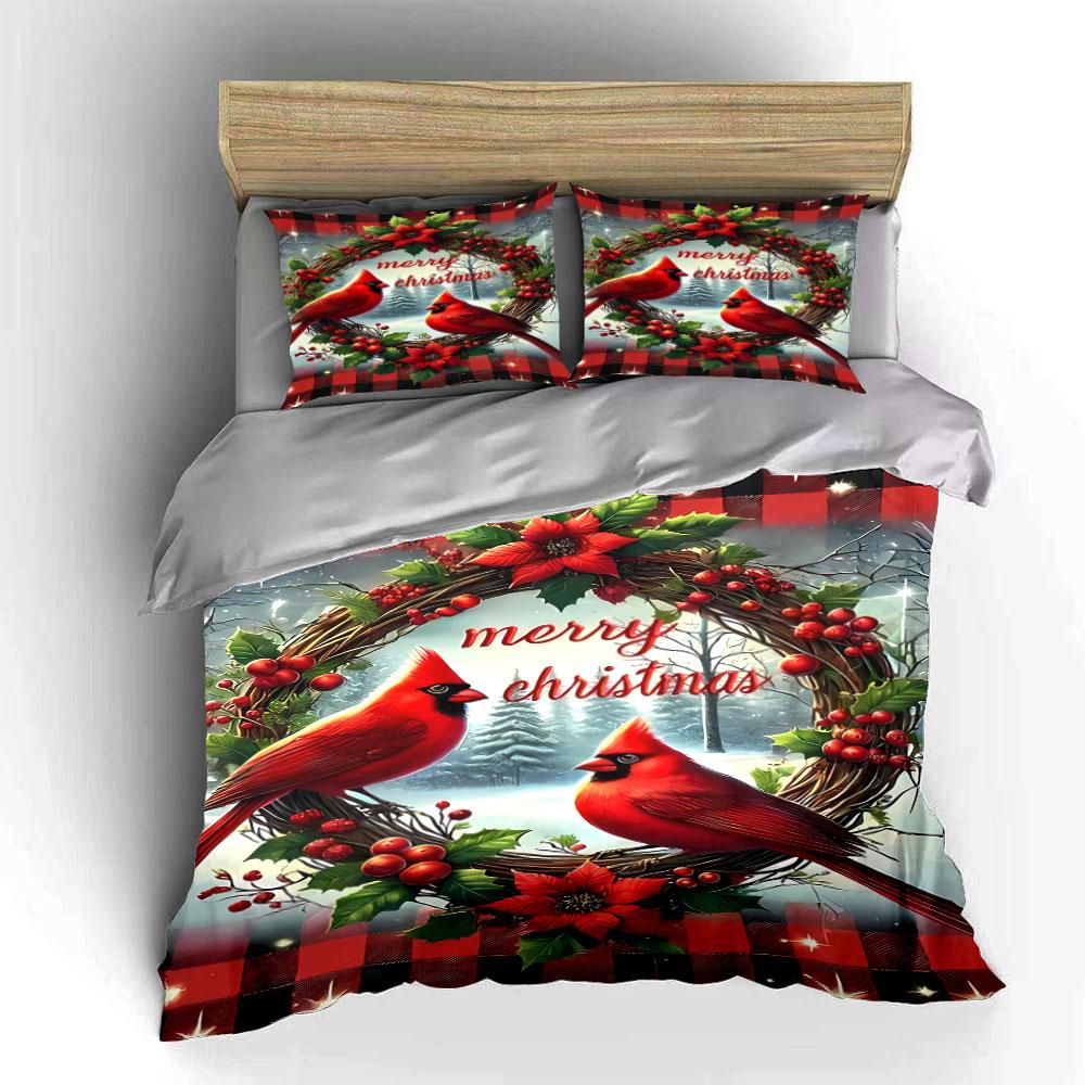 Cardinals, Wreath, Poinsettias, Berries. Bedding Sets Duvet Cover Sets Duvet Covers Pillowcases(1 * Duvet Cover 2 * Pillowcases Without Duvet Insert)