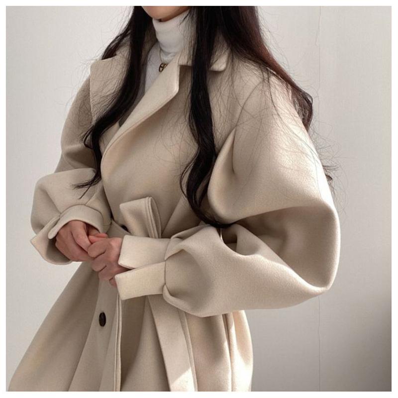Overcoat New Style Solid Color Loose Cape Coat Collect Waist Woolen Medium Long Coat Women Winter Tops For Woman