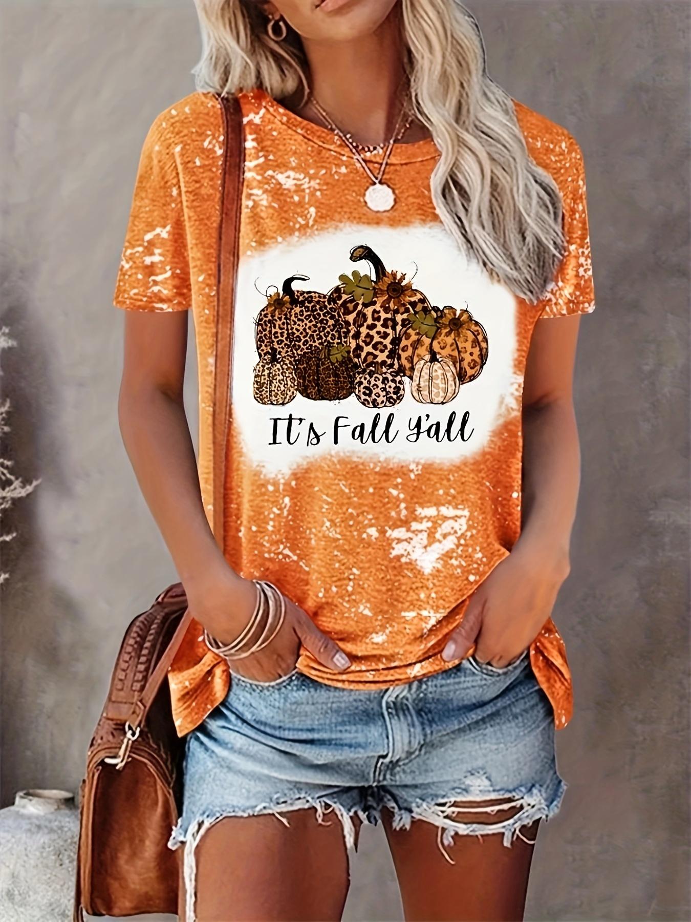 Футболки с принтом тыквы и кота Женская футболка Оранжевый женский топ Модный круглый — фото 8