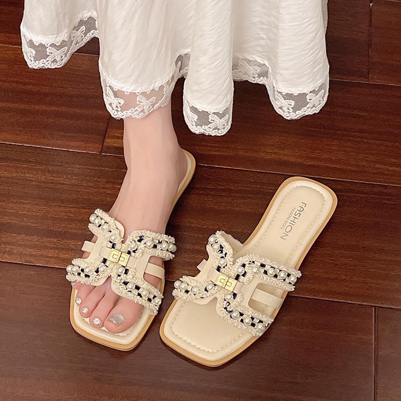 Neue Perlenstrand 2025 Drag Sommer flache Hausschuhe Damenbekleidung weiche Sohle vielseitige H-Sandalen