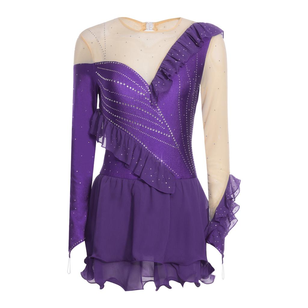 Womens Figure Skating Leotard Dress Ruffled Trim Rhinestones Tiered Chiffon Hem Skirt