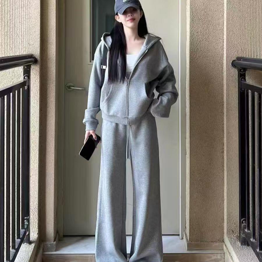 

Осенне-зимний флисовый комплект в корейском стиле: свободное худи и джоггеры XL (Recommended Height 160cm+)