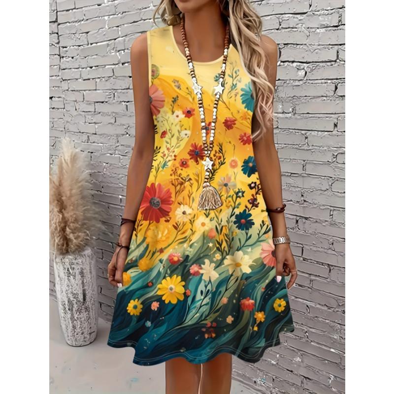 

Women s Floral Sleeveless A-Line Dress Vibrant Yellow to Blue Gradient Design Tank Dress Female Clothing S