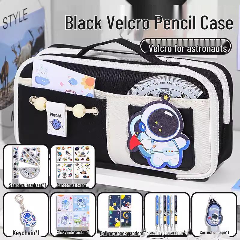 Send Astronaut Velcro! Boys' Black Dirt-Resistant Pencil Case, Hand-Carry, Large Capacity, New 2025 Style.