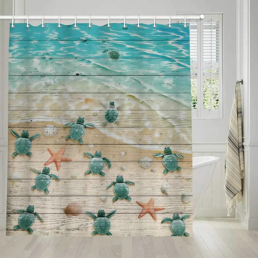 

Sea Turtle Shower Curtain Starfish Ocean Sandy Beach Rustic Vintage Wood Panels Marine Animal Bathroom Decor Polyester Curtains W60H190(CM)-1 Pcs