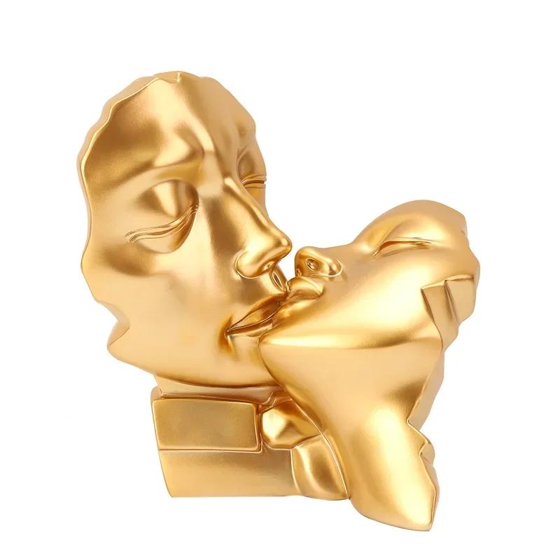 Resin Crafts Abstract Portrait Sculpture Couple Gold Head Ornament Wedding Gifts Resin Decorative Figurines Home Decoration
