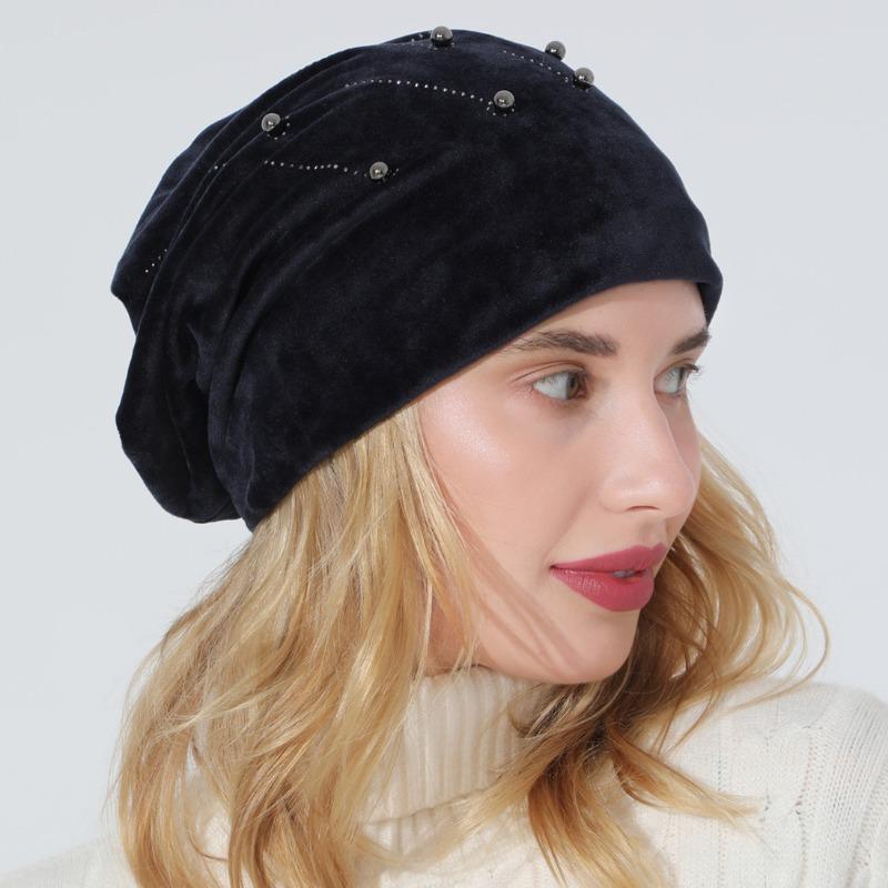 

Осенне-зимняя женская горячая толстовка с бриллиантами и бусинами, модная универсальная двухслойная флисовая теплая послеродовая шапка one size темно-синий