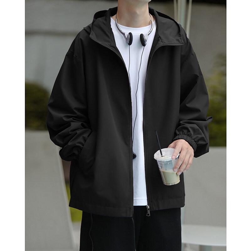 

2025 Spring & Autumn Men s Black Hooded Jacket - Solid Color, Lightweight, Trendy Sun Protection for Students M