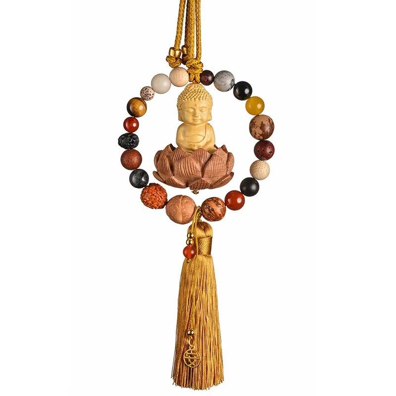 Upgraded Car Rearview Mirror Buddha Pendant Chinese Wooden Carving Lotus Buddha Statue Auto Hangings Tassel Decor Car Interior