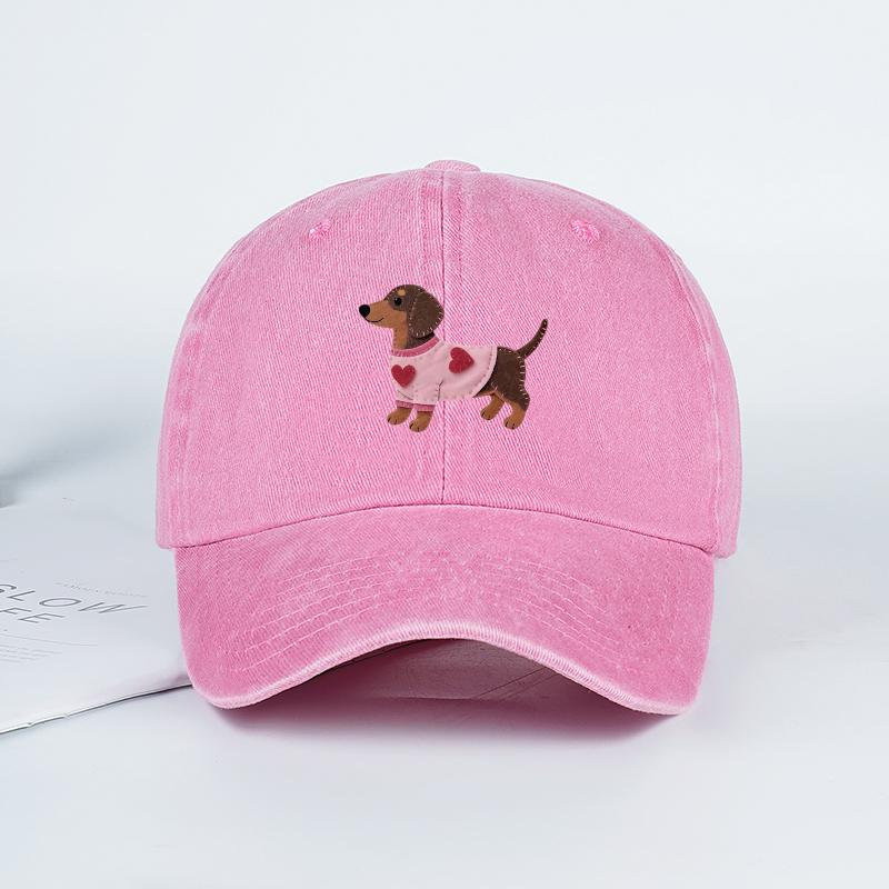 Cute Dachshund In Pink Heart Sweater Print Baseball Cap Men Women Vintage Washed Cotton Adjustable Dad Hat Pet Lover Sun Hat