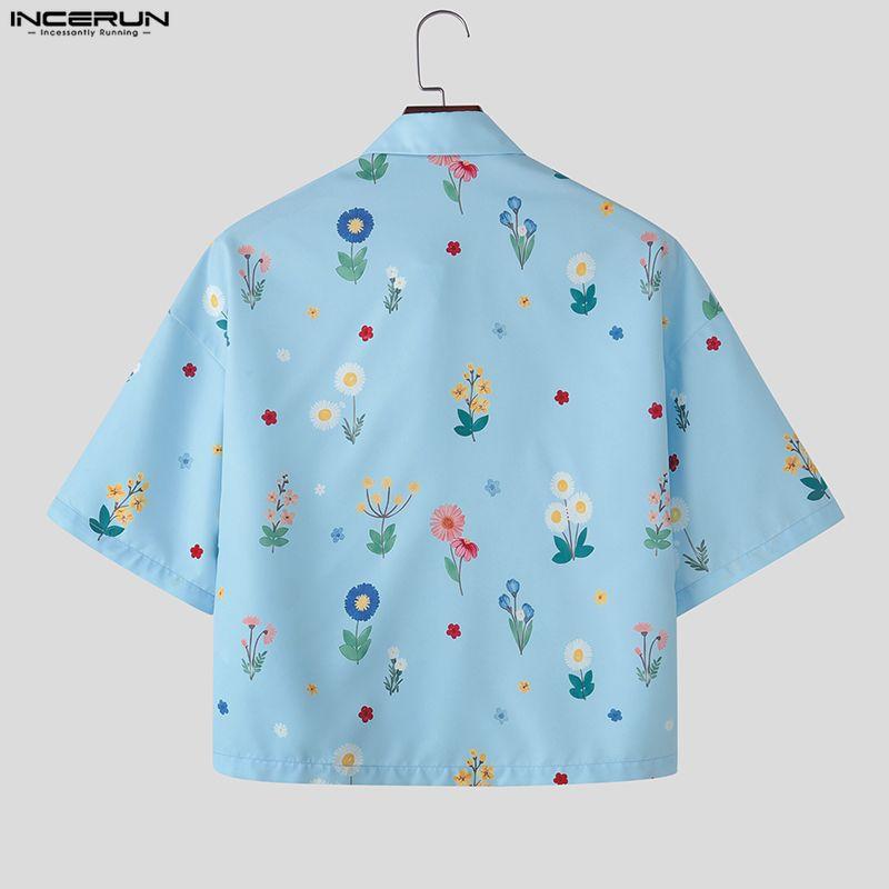 INCERUN Oversized Men Turn-down Collar Dropped Shoulder Button Up Print Casual Cropped Shirts