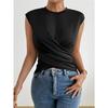Women White Crew Neck Sleeveless Criss Cross Tie Waist Fitted Casual Blouse
