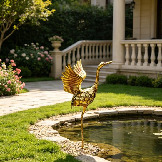 Statua Metallica Design Airone, Decorazione Artistica in Metallo Fatta a Mano per Giardino, Scultura da Giardino Resistente alle Intemperie per Patio Esterno Prato Laghetto Regalo