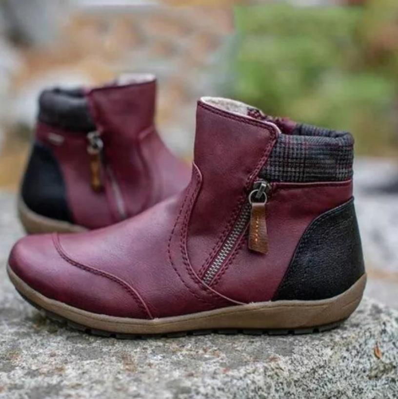 New short boots autumn and winter retro double zipper leather splicing flat bottom round head large size Martin boots