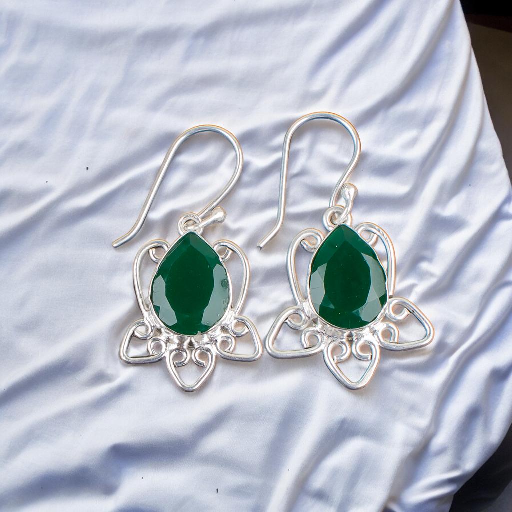 Green Onyx Faceted Gemstone 925 Sterling Silver Artisan Jewelry Earrings For Her EE-40-16