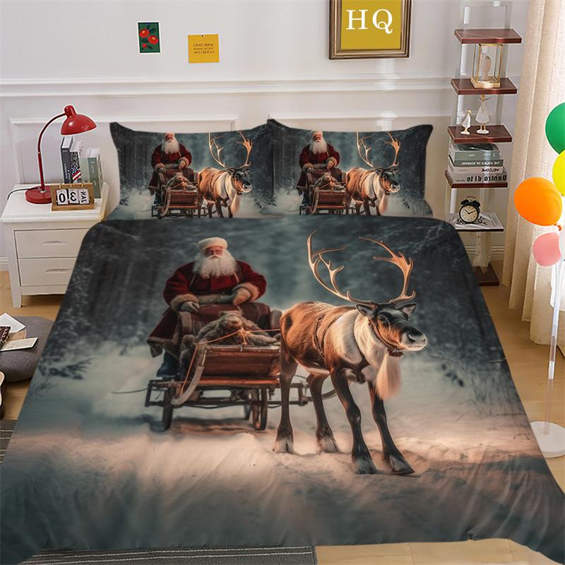 Jultomte Älg 3D-printad Polyester Kuddfodral Täcke Överdrag Två Eller Tre Delars Set