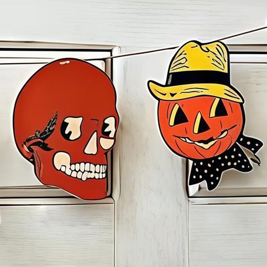 Vintage Halloween Wood Banner Spooky Pumpkin Skull Owl Witch Black Cat Hanging Bunting Garland for Farmhouse Horror Party Wall Decor