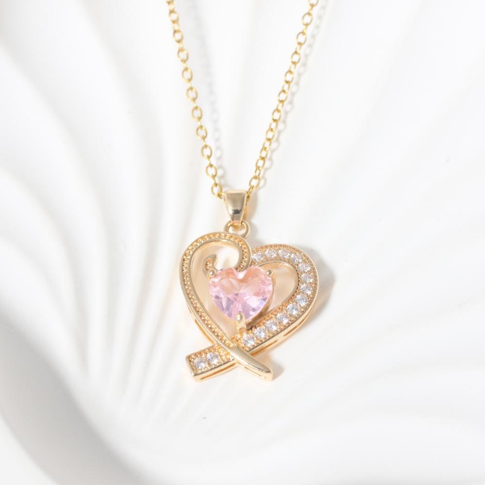 Heart Necklace for Women Golden Stainless Steel Clavicle Chain Pink Zirconia Jewelry Wedding Party Daily Wear Accessories
