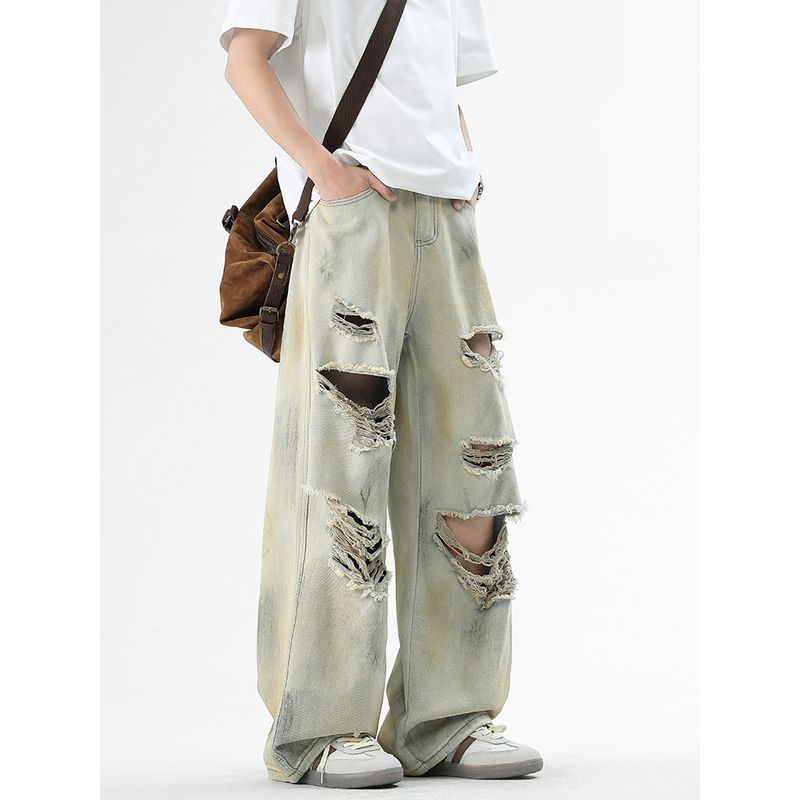 Wassup American Retro Ripped Jeans for Men and Women 2025 New Loose High Street Straight Casual Wide-Leg Pants