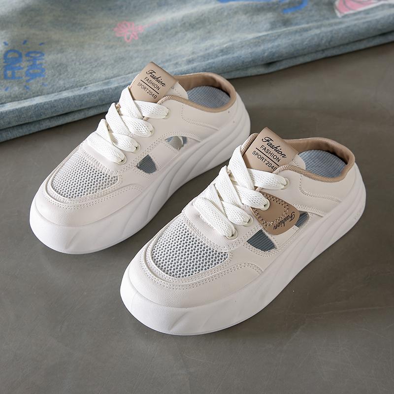 CRLAYDK Women's Mesh Sneakers Platform Slip On Hollow Out Mules Backless Low Top Walking Shoes for Summer White Casual Clipper