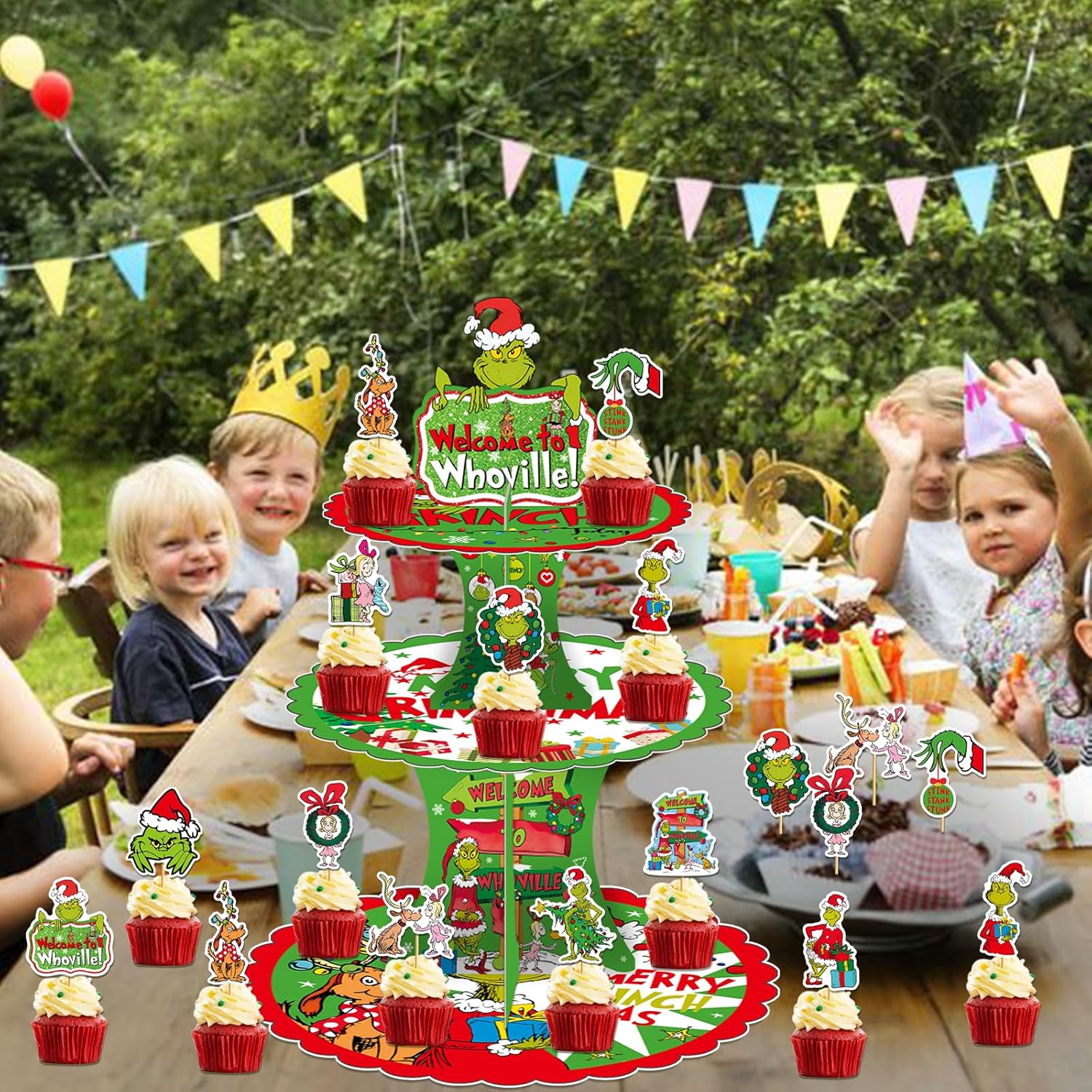 Green 3-Tier Cupcake Stand and 12pcs Cupcake Toppers Christmas Cupcake Holder Christmas Cupcake Decorations Whoville Christmas Decorations Christmas