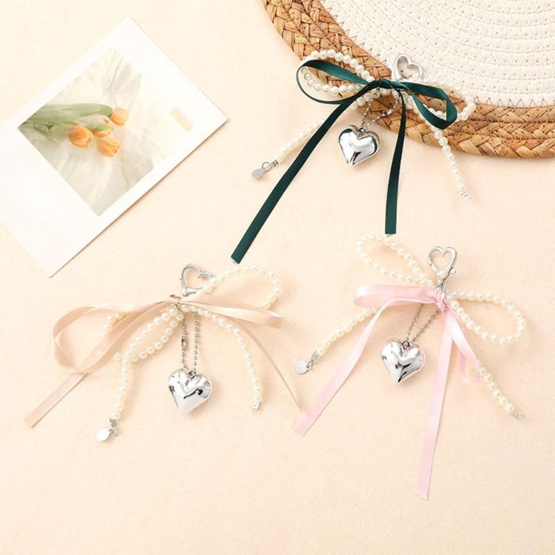 Elegant Pearls Bows Bag Pendant Practical Keychain Heart Shape Phone Ornament Keyring for Purse Handbag Decoration