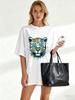 Oversized T Shirt Black Leopard With Game Day Sunglasses Print Casual Streetwear For Women