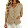 Women's Casual Linen Shirt with Three-Quarter Sleeves Button Down Loose Fit Top with Pockets