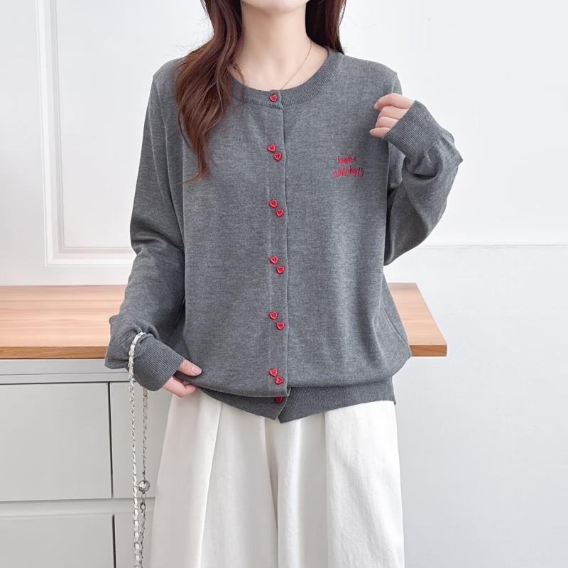 Plus Size Women Long Sleeve Knit Cardigan Sweater With Heart Button